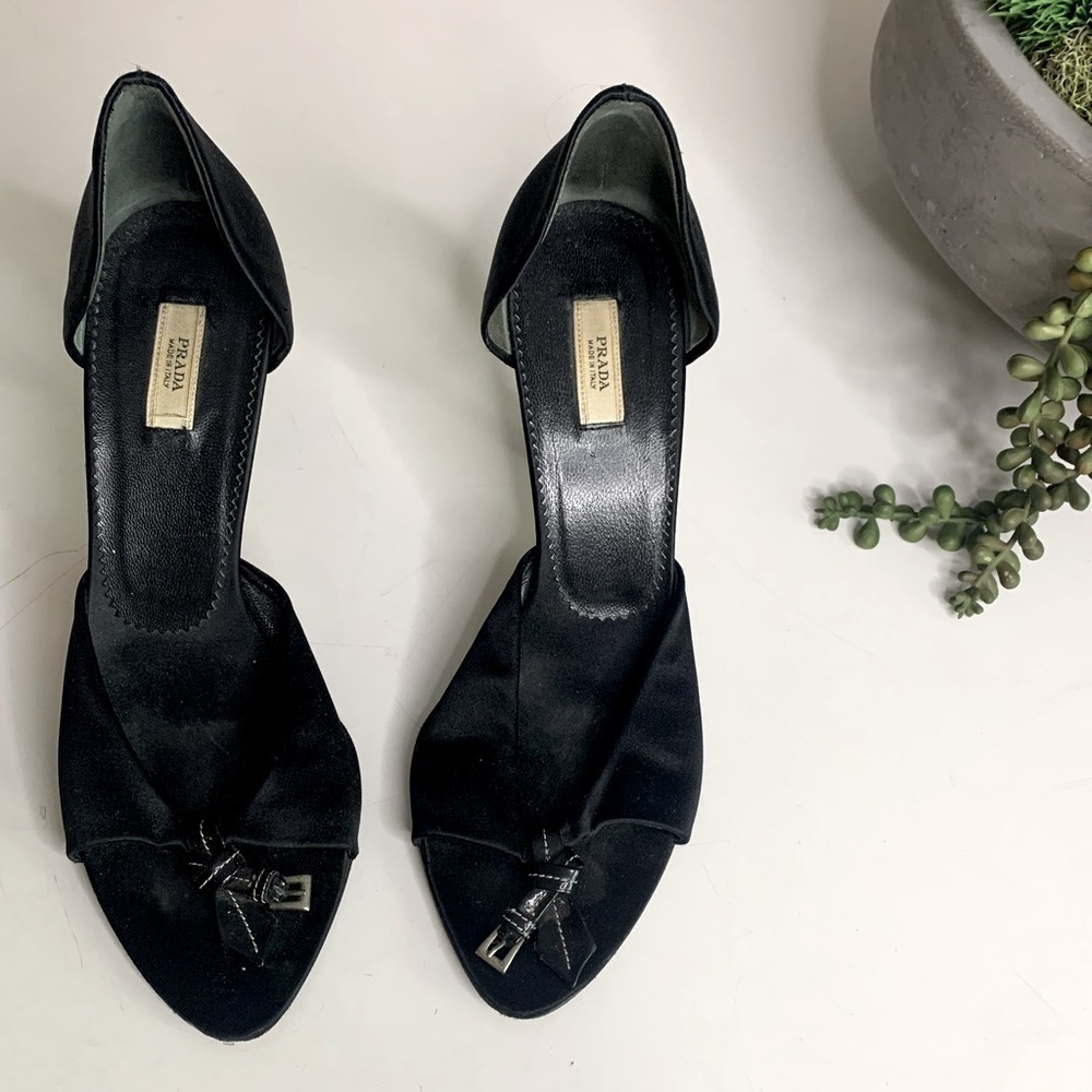 Vintage PRADA Italy black satin belt knot open toe Stiletto heels shoe 6.5 size